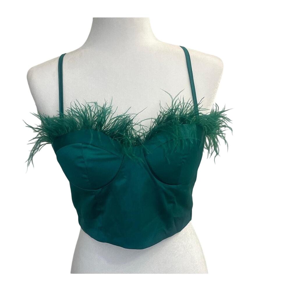 Boohoo Emerald Green Satin Feather Trim Corset Top St Patrick’s Day Core Sz 4